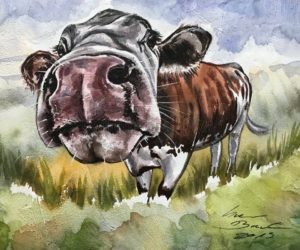 Kuh, Rind, Weide, Wiese, Aquarell, lustiges Bild Tierbild